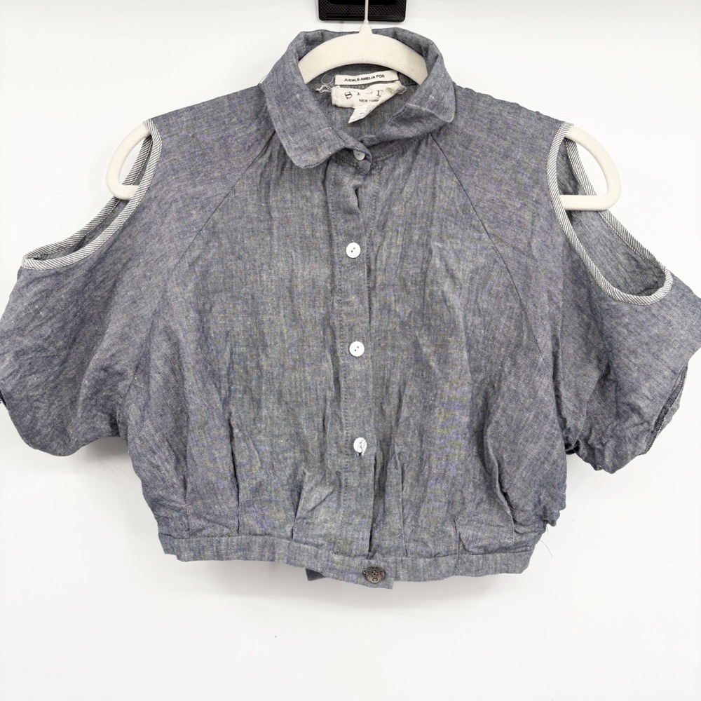 Study New York Womens Linen Cold Shoulder Chambray Cropped Button Down Top M
